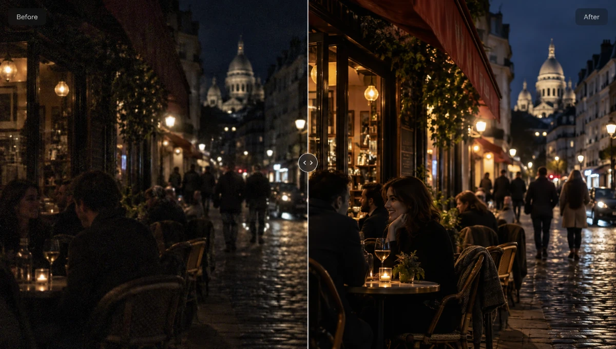 Before and after low-light street cafe enhancement comparison with clearer detail and balanced highlights