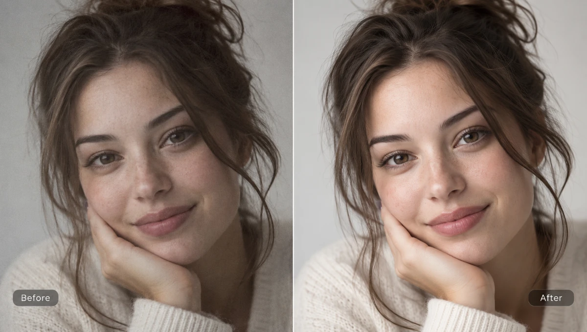 Before and after portrait enhancement example with clearer facial detail
