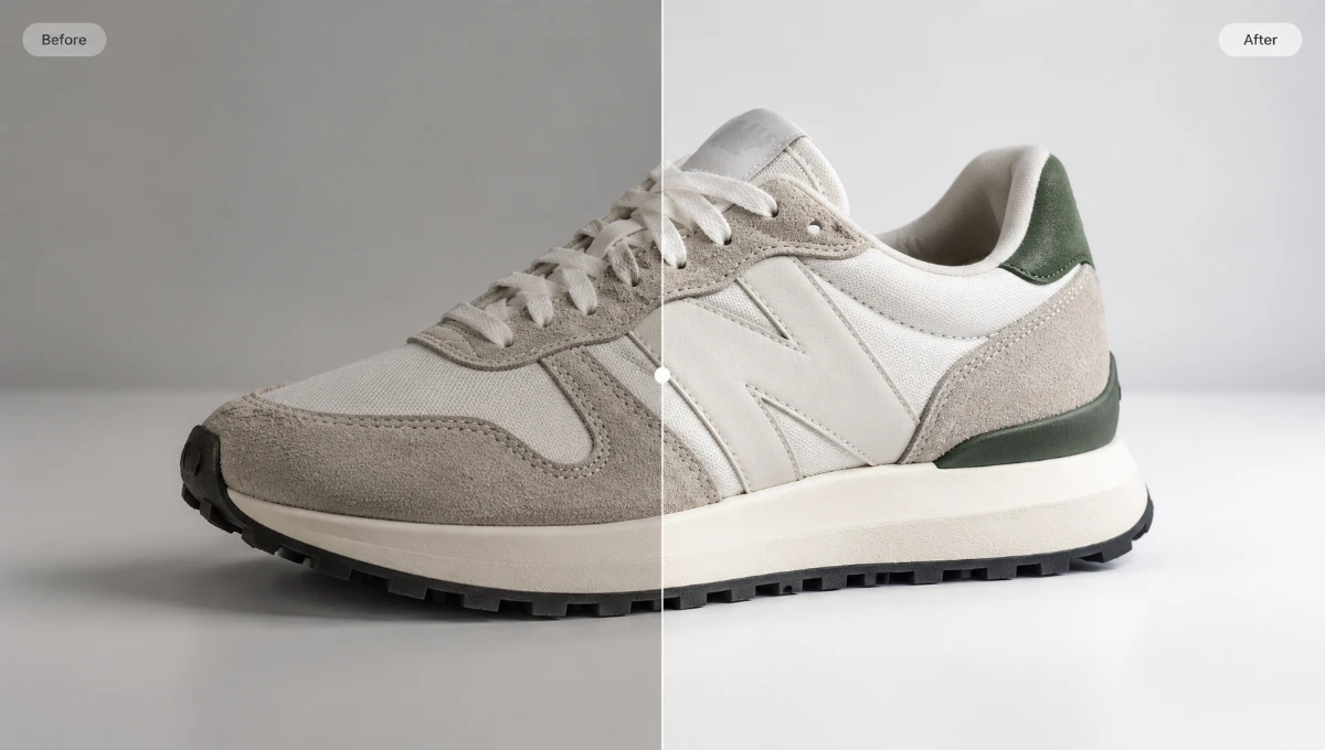 Before and after sneaker product photo enhancement example