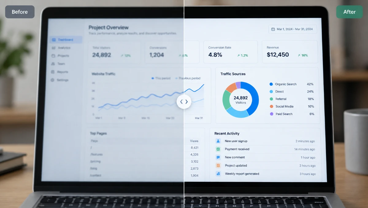 Before and after laptop dashboard screenshot enhancement example with clearer interface text